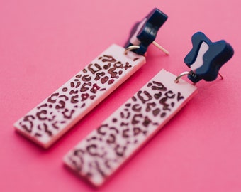 Leopard print dangly earrings,  animal print earrings, laser cut acrylic statement studs