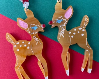 Retro Rudolph  Deer earrings, ,marbled caramel acrylic earrings with red mirror star studs