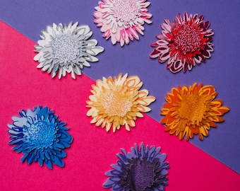 Chrysanthemum Statement Acrylic Brooch Large - Pink, Yellow, Blue, Orange, Red, Purple, White flower perspex brooch