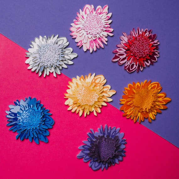 Chrysanthemum Statement Acrylic Brooch Small Pink Yellow Blue Orange Red Purple White Flower Perspex Brooch Etsy