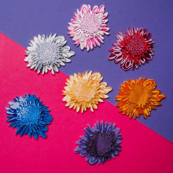 Chrysanthemum Statement Acrylic Brooch Small - Pink, Yellow, Blue, Orange, Red, Purple, White flower perspex brooch