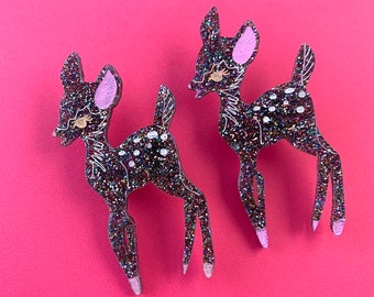 Retro bambi brooch, acrylic deer brooch, glitter acrylic brooch, christmas deer brooch
