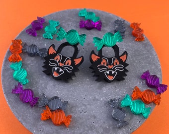 Acrylic Halloween Cat earrings,  candy earrings, sweet earrings ,mirrored earring, cat ear jackets, halloween ear jackets