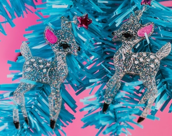 Retro Deer earrings, acrylic silver holographic glitter earrings with pink star studs