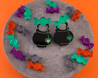 Acrylic Halloween Cauldron earrings,  candy earrings, sweet earrings ,mirrored earring, cat ear jackets, halloween ear jackets