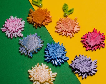 Chrysanthemum Statement Acrylic Earrings: Orange, Yellow, Pink, Purple, Red, White Perpex