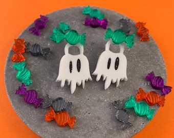 Acrylic Halloween earrings, ghost earrings, candy earrings, sweet earrings ,mirrored earring, ghost ear jackets, halloween ear jackets