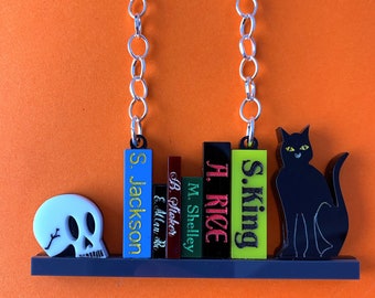 Halloween acrylic necklace, book shelfie necklace, king, rice, jackson, poe, shelley, stoker, halloween necklace, laser cut halloween