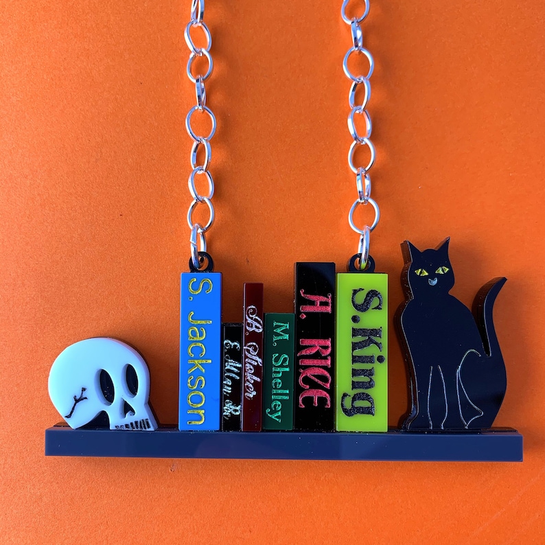 Halloween acrylic necklace, book shelfie necklace, king, rice, jackson, poe, shelley, stoker, halloween necklace, laser cut halloween image 1