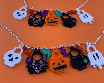 Halloween acrylic necklace, pumpkin, cat, skull, ghost, cauldron candy buckets, sweet necklace, halloween necklace, laser cut halloween