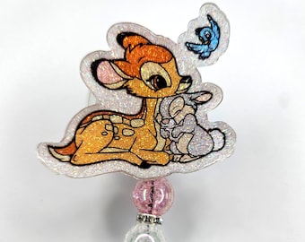 Glitter badge reel retractable permanent badge reel bambi deer thumper bunny inspired badge holder handmade
