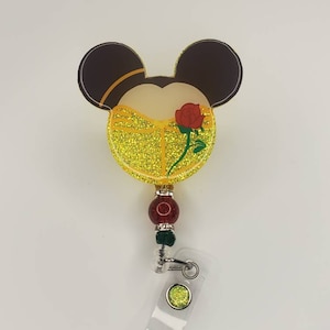 Glitter mouse shaped retractable permanent badge reel rose yellow dress princess inspired badge holder