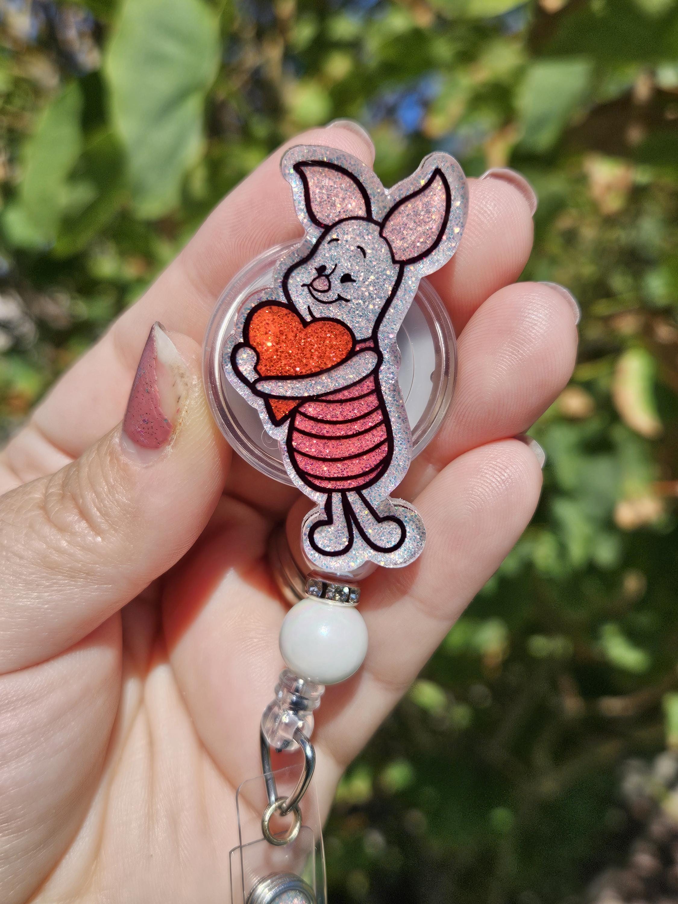Glitter badge reel retractable permanent badge reel Piglet pooh honey bear inspired badge holder handmade