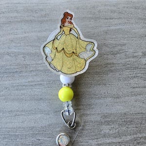 Glitter badge reel retractable permanent badge reel belle beauty and the beast yellow dress princess inspired badge holder handmade
