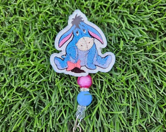 Glitter badge reel retractable permanent badge reel gloomy donkey eeyore pooh inspired badge holder handmade