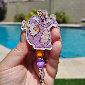 Glitter badge reel retractable permanent badge reel figment imagination one little spark dragon purple inspired badge holder handmade