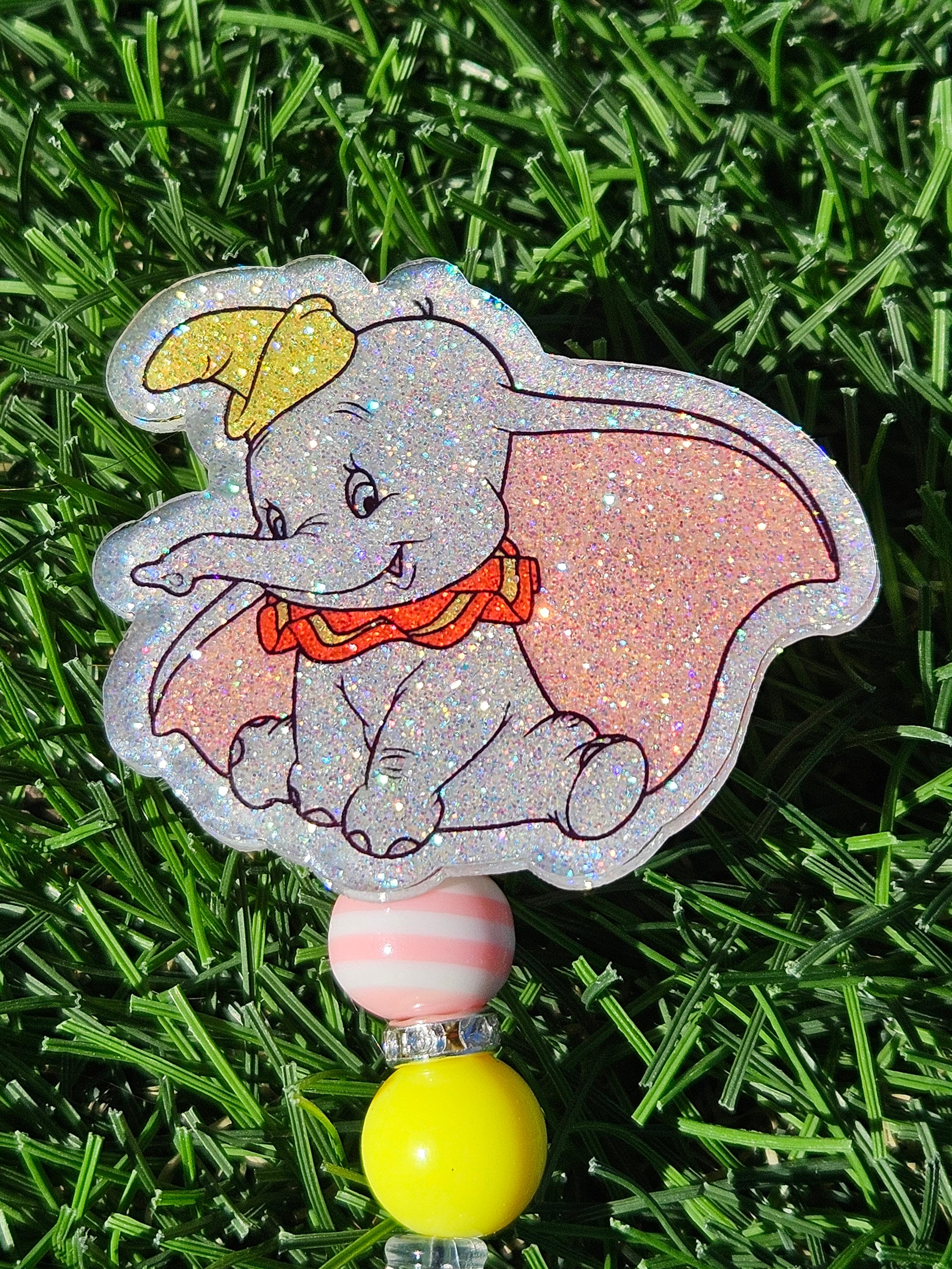 Glitter badge reel retractable permanent interchangeable badge reel flying elephant dumbo inspired badge holder handmade