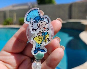 Glitter badge reel retractable permanent interchangeable badge reel mad hatter alice in wonderland inspired badge holder handmade