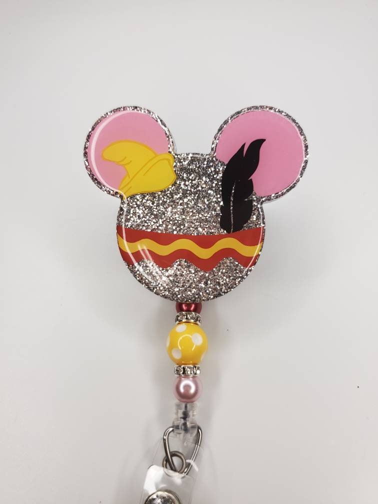 Glitter Badge Reel Retractable Permanent Badge Reel Flying Elephant  Inspired Badge Holder Handmade 