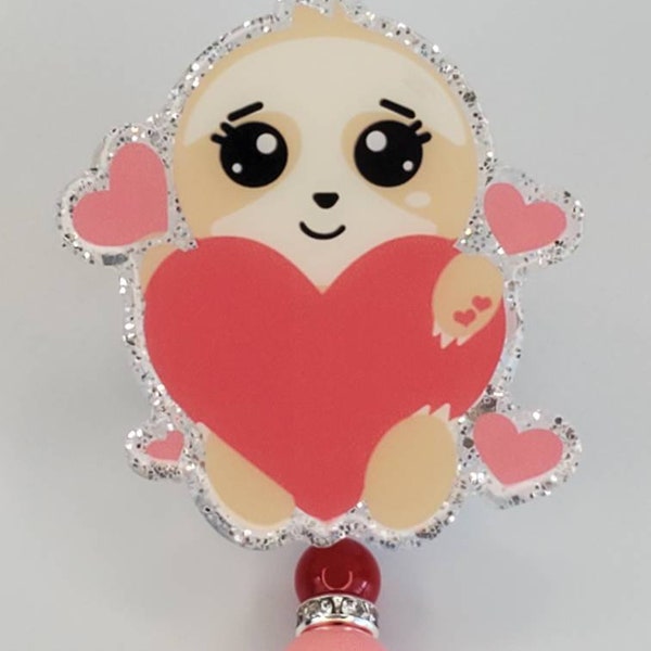 Sloth love red valentines day Glitter Badge Reel retractable permanent alligator clip badge holder magical hearts cartoon