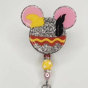 Porta credencial retráctil con purpurina y forma permanente, porta credencial inspirado en elefante volador, hecho a mano