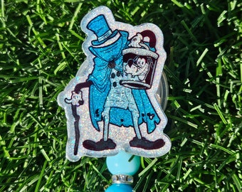 Glitter badge reel retractable permanent badge reel goofy haunted mansion hatbox ghost inspired badge holder handmade