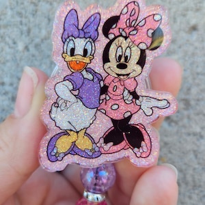 Glitter badge reel retractable permanent interchangeable badge reel minnie mouse daisy duck besties badge reel badge holder handmade