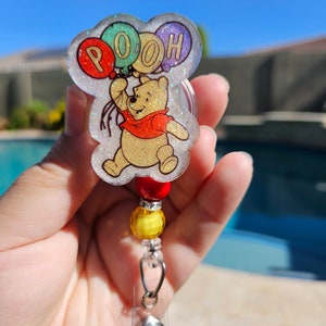 Glitter badge reel retractable permanent badge reel pooh honey bear balloons birthday character inspired badge holder handmade