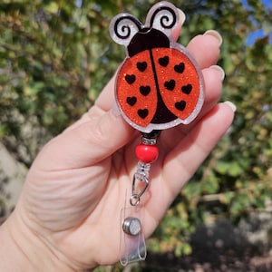 Glitter badge reel retractable permanent badge reel red ladybug hearts insect good luck inspired badge holder handmade