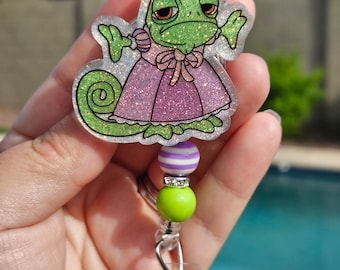 Cute Glitter badge reel tangled character retractable permanent badge reel pascal lizard dress up inspired badge holder handmade