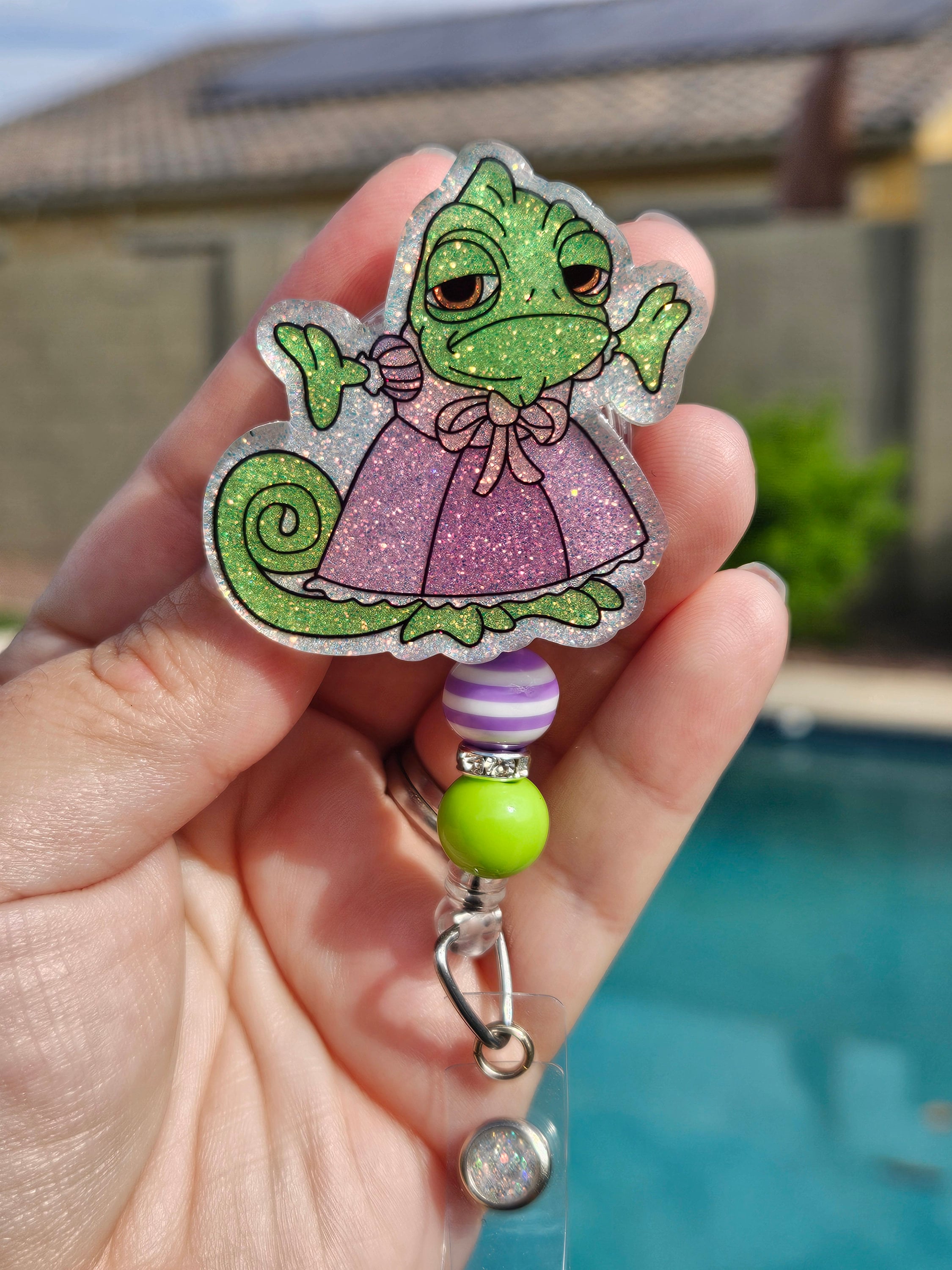 Cute Glitter badge reel tangled character retractable permanent badge reel pascal lizard dress up inspired badge holder handmade