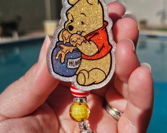 Glitter badge reel retractable permanent badge reel pooh honey bear inspired badge holder handmade