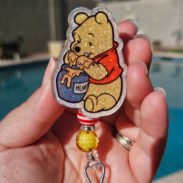 Glitter badge reel retractable permanent badge reel pooh honey bear inspired badge holder handmade