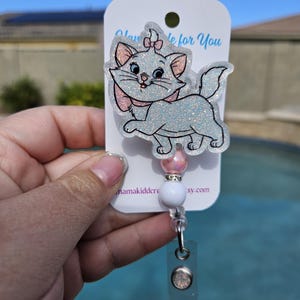 Glitter badge reel retractable permanent badge sassy cat marie aristocats inspired badge holder handmade