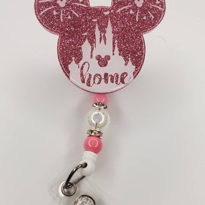 Magical mouse shaped glitter retractable permanent badge reel home castle pink rose fireworks inspired badge holder