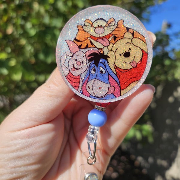 Glitter badge reel retractable permanent badge reel pooh gang silly faces funny eeyore piglet tigger friends inspired badge holder handmade
