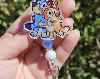 Glitter badge reel retractable permanent badge reel bluey dog sisters family hug inspired badge holder handmade chili bandit bingo