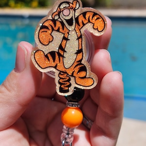Glitter badge reel retractable permanent badge reel tigger bounce tiger striped inspired badge holder handmade