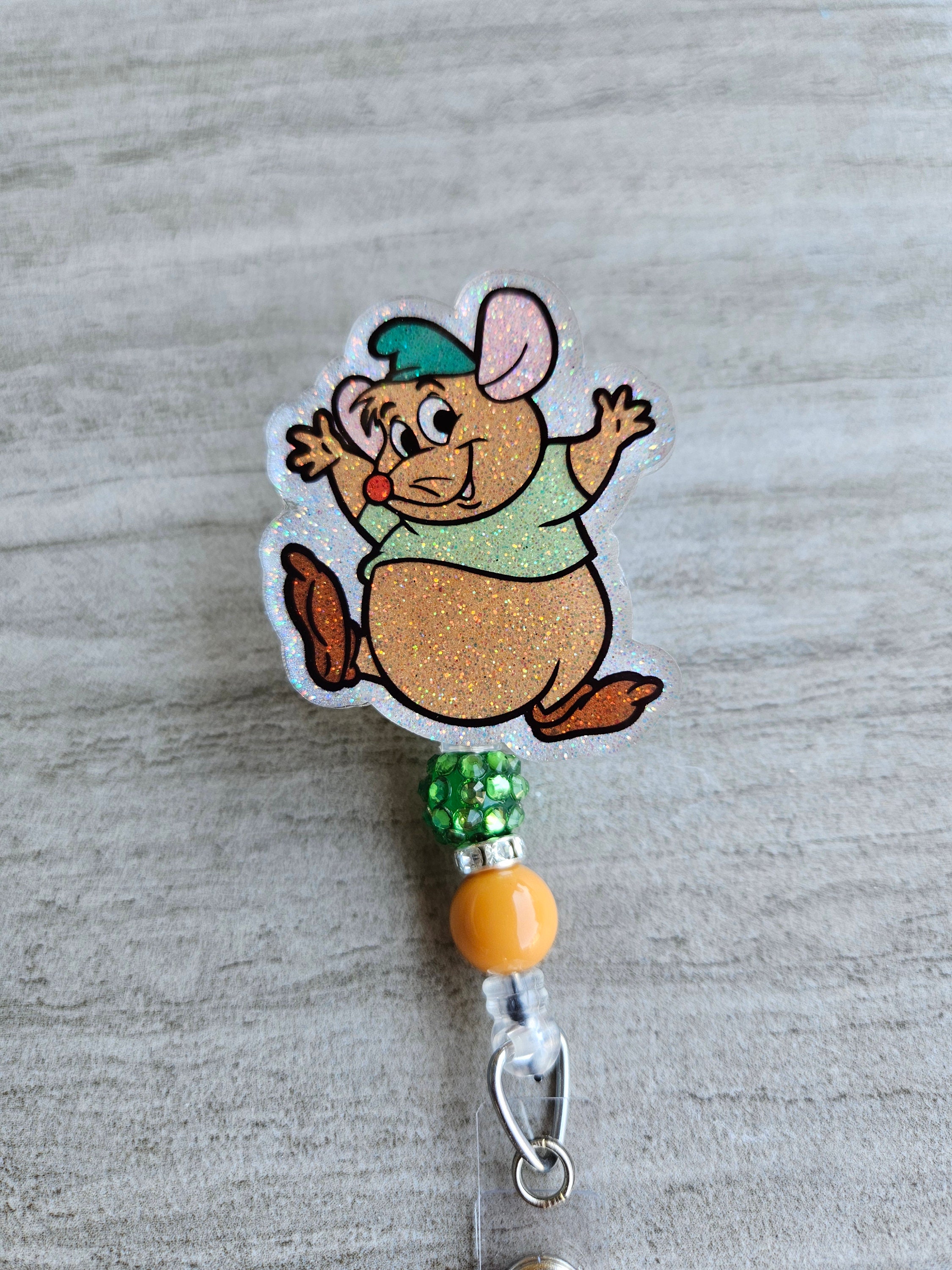 Glitter badge reel retractable permanent badge reel gus gus mouse cinderella mice sidekick inspired badge holder handmade