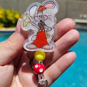 Glitter character badge reel retractable permanent roger rabbit dip cartoon inspired badge holder handmade