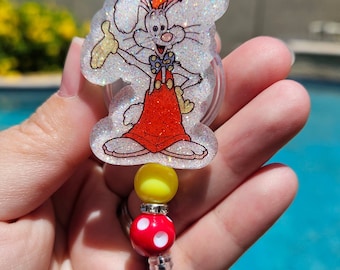 Glitter character badge reel retractable permanent roger rabbit dip cartoon inspired badge holder handmade