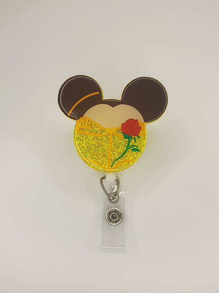 Glitter Mouse Shaped Retractable Permanent Badge Reel Rose Yellow Dress  Princess Inspired Badge Holder 