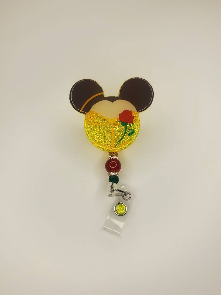 Glitter Mouse Shaped Retractable Permanent Badge Reel Rose Yellow Dress Princess Inspired Badge Holder