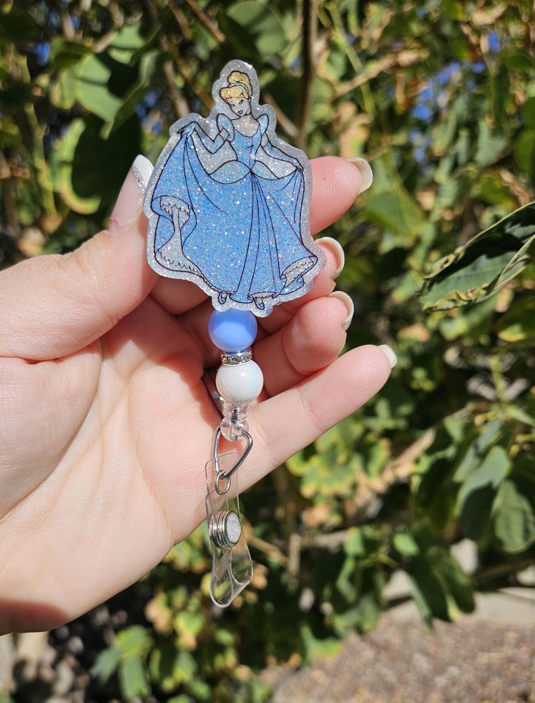 Glitter badge reel retractable permanent badge reel cinderella princess inspired badge holder handmade