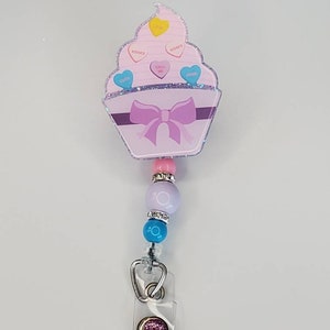 READY TO SHIP Cupcake purple hearts Glitter Badge Reel retractable permanent badge reel alligator clip badge holder magical