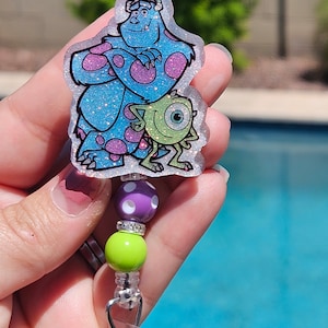 Glitter badge reel retractable permanent badge reel fall monsters mike sully best friends inspired badge holder handmade