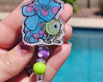 Glitter badge reel retractable permanent badge reel fall monsters mike sully best friends inspired badge holder handmade
