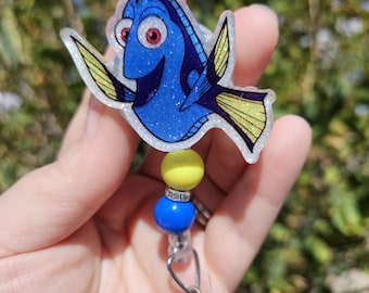 Bobine de badge rétractable scintillante, porte-badge permanent rétractable, porte-badge inspiré fait main à la recherche de poisson nemo