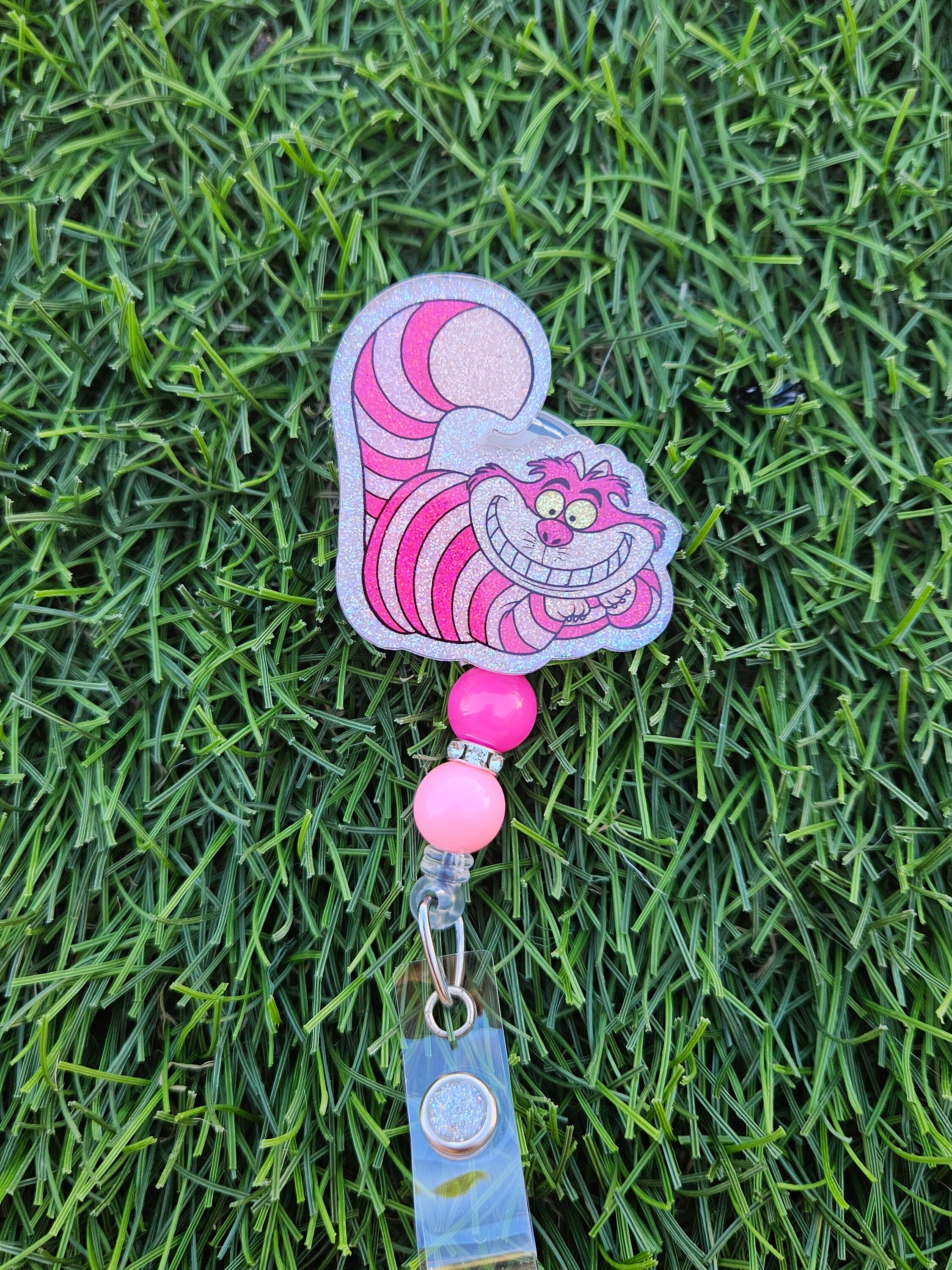 Glitter character badge reel permanent badge reel cat badge striped cheshire alice inspired handmade