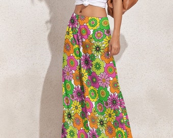 Wide Leg Pants, Retro Pants, Wide Leg Pants Women, 70s Style Pants, 70s Inspired pants, Neon Pants, Floral Pants, Hippie Pants, Boho Pants